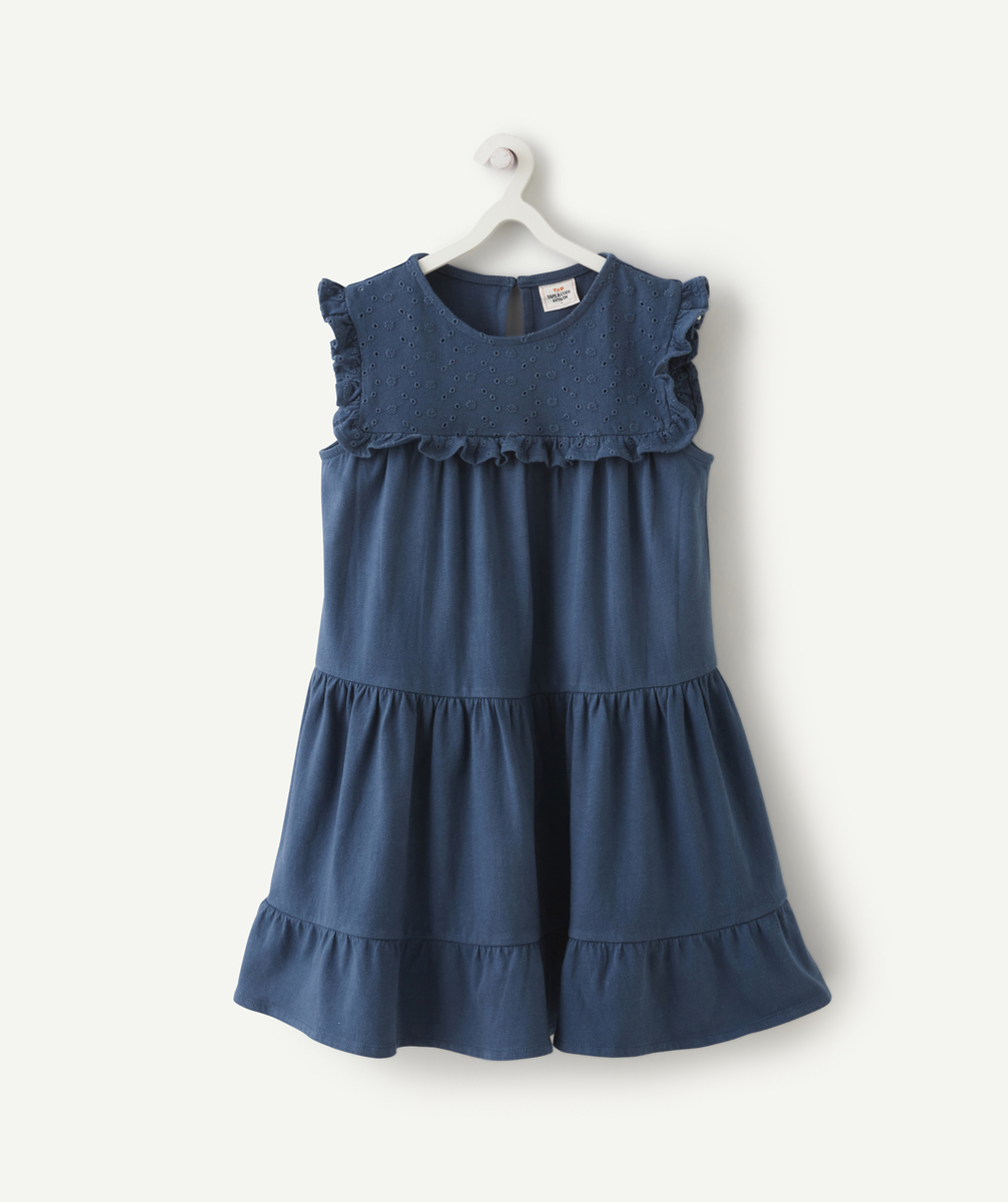 Robe en maille fille en coton bleue avec volants et broderies - 5 A