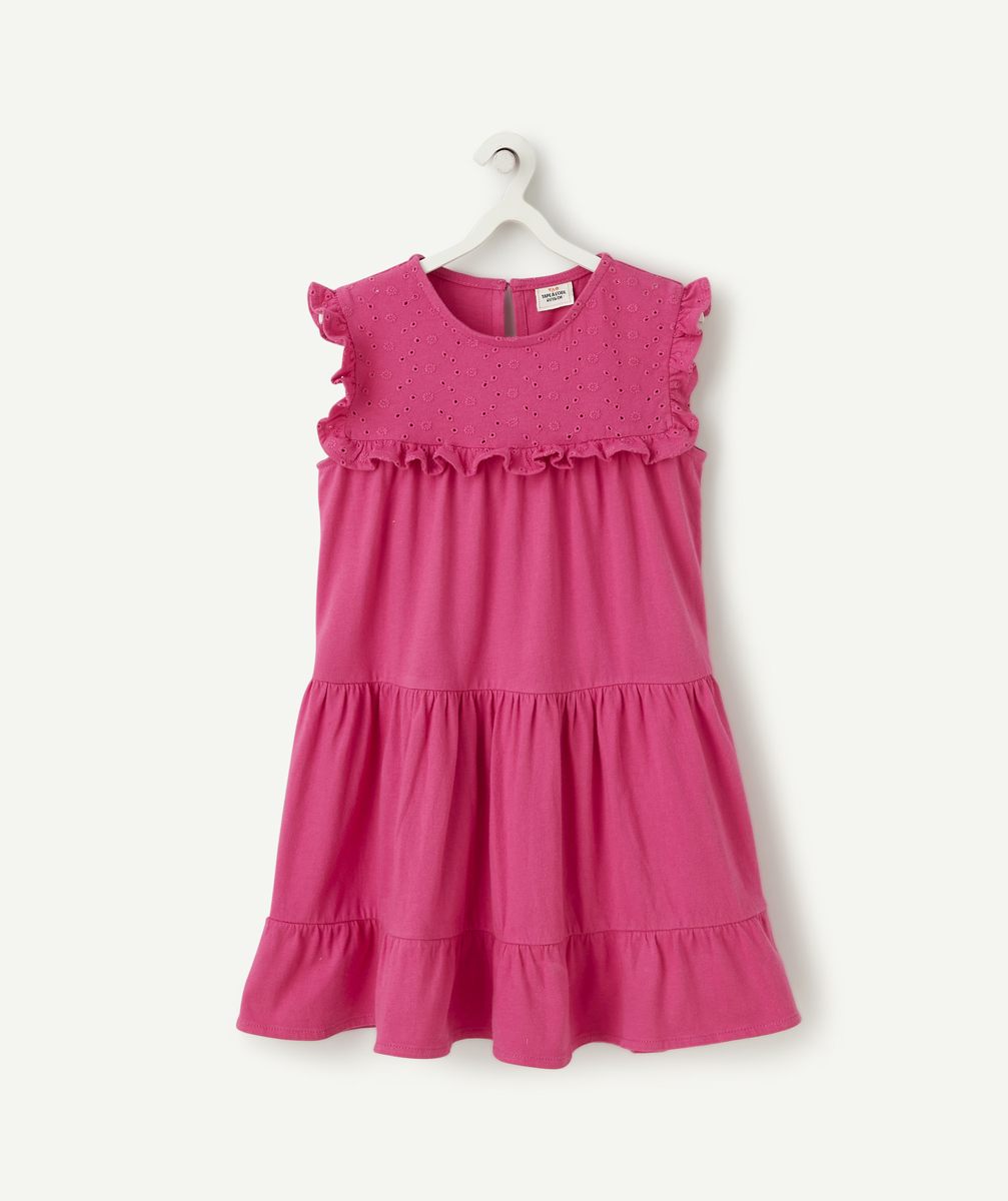 Robe fille rose en coton avec volants et broderies - 2 A