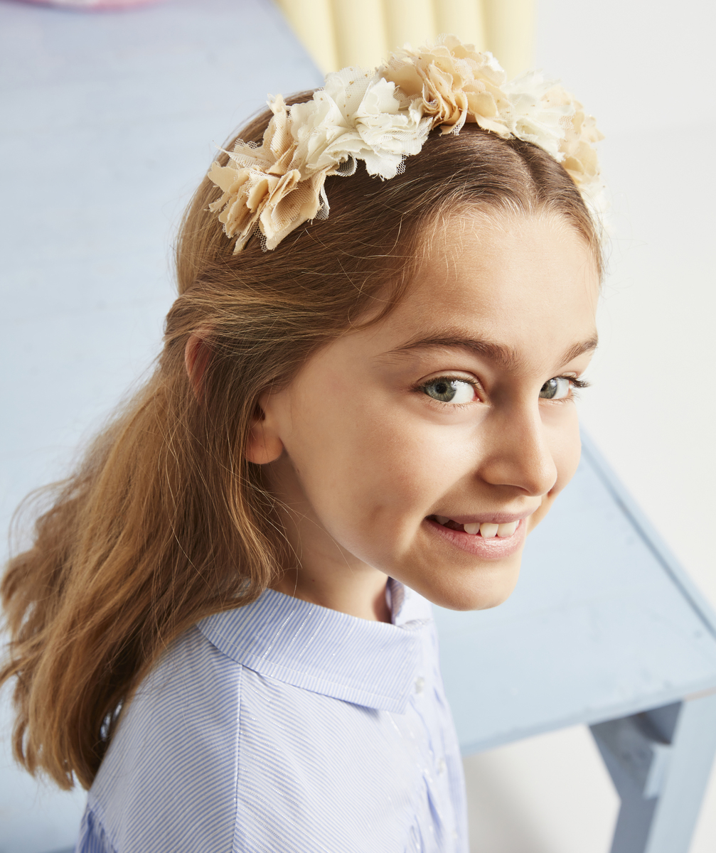 Serre-tête fille écru et rose avec fleurs en tule - TU