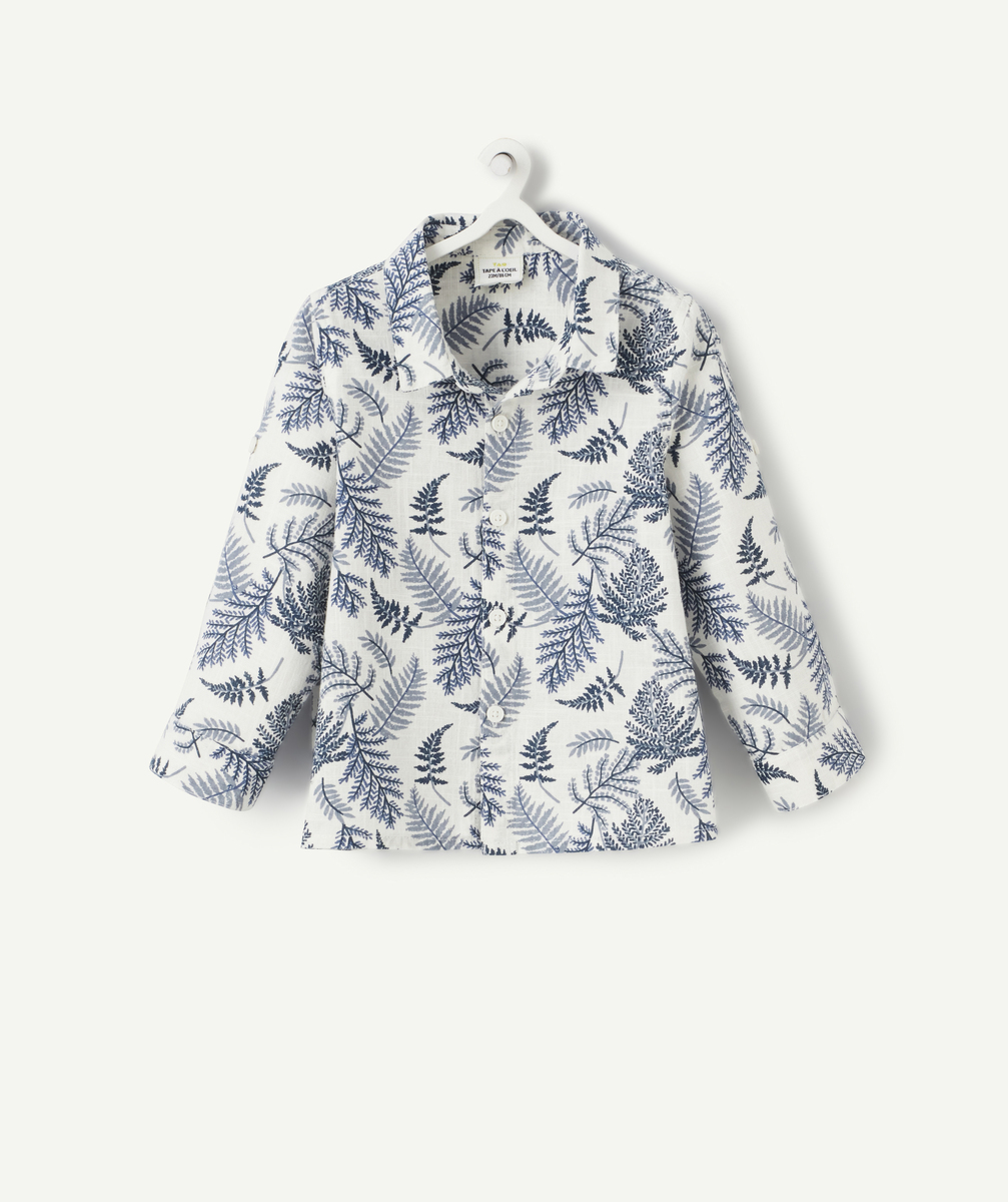 Chemise bébé garçon en lin blanc et imprimé feuilles bleues - 12 M