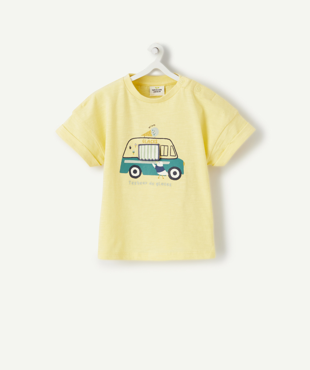 T-shirt bébé garçon jaune en coton biologique avec voiture - 12 M