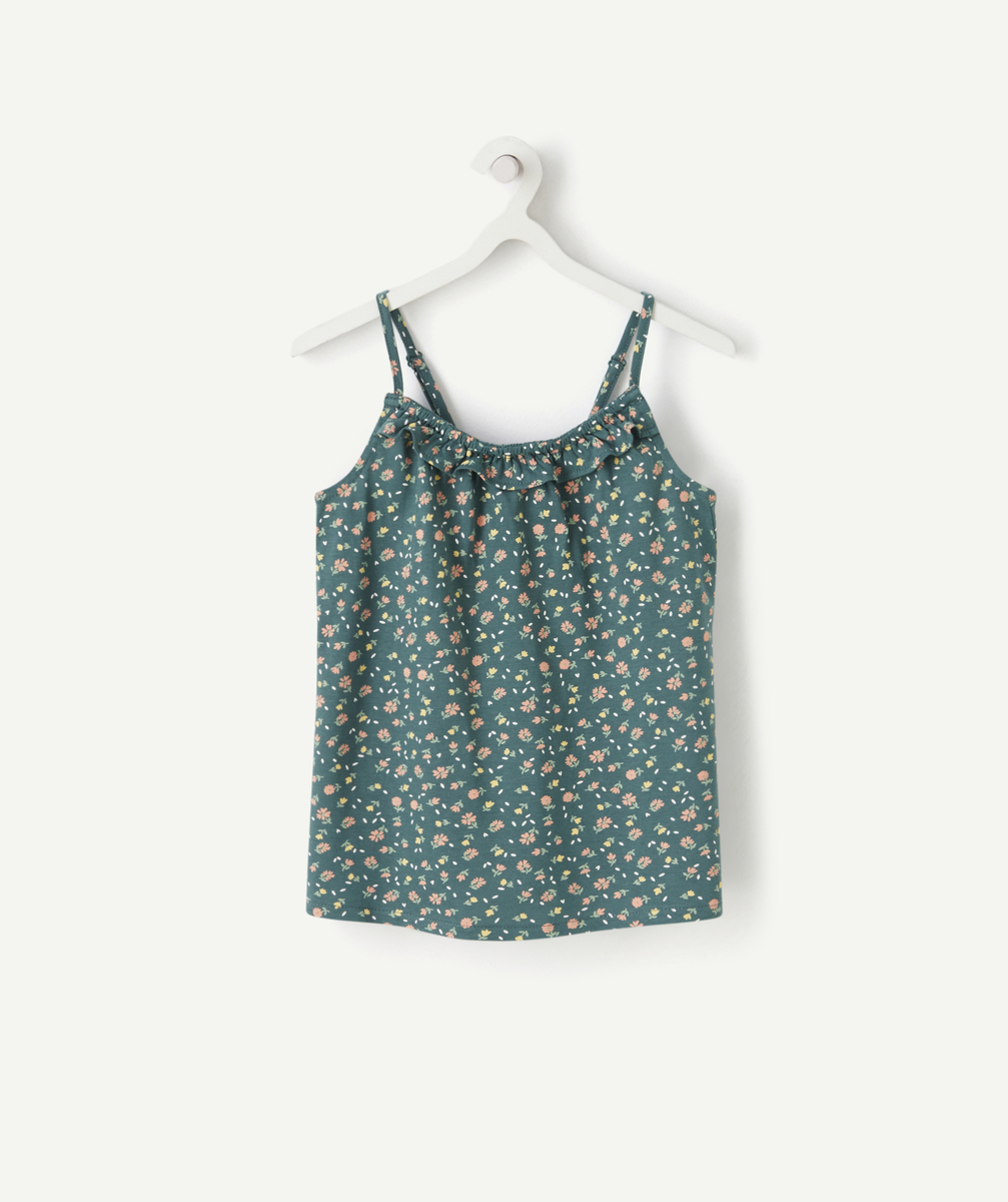 T-shirt à bretelles fille vert en fibres recyclées avec imprimé fleuri - 14 A