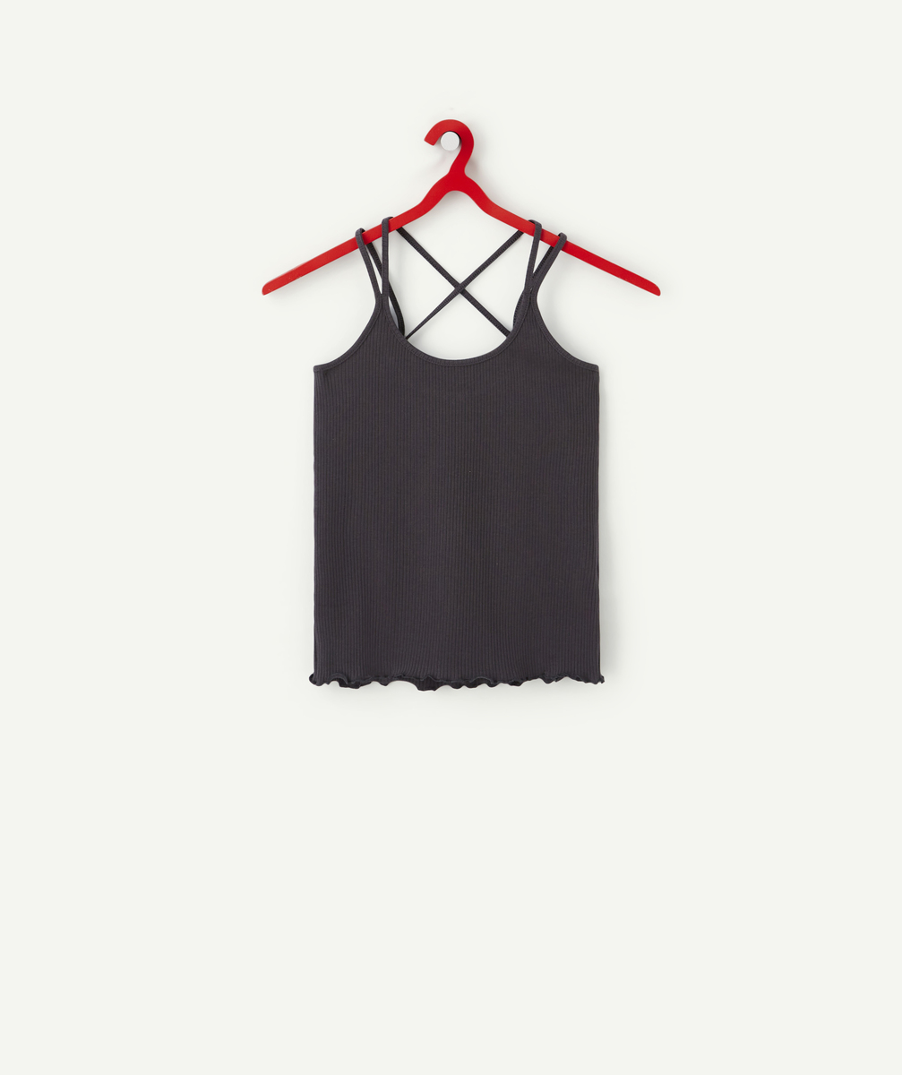 T-shirt à bretelles croisées fille noir en coton bio - M