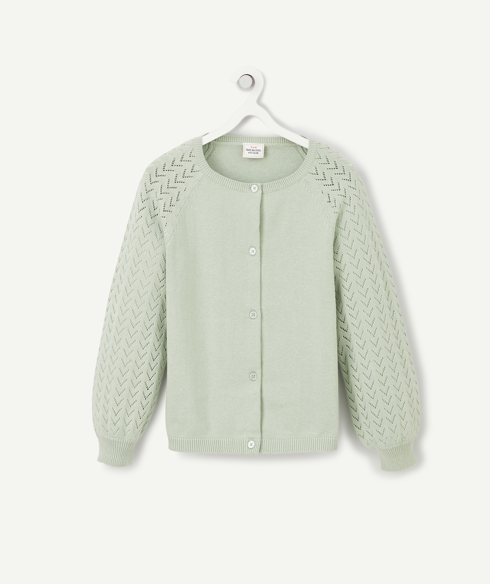 Cardigan fille en coton vert avec manches ajourées - 14 A