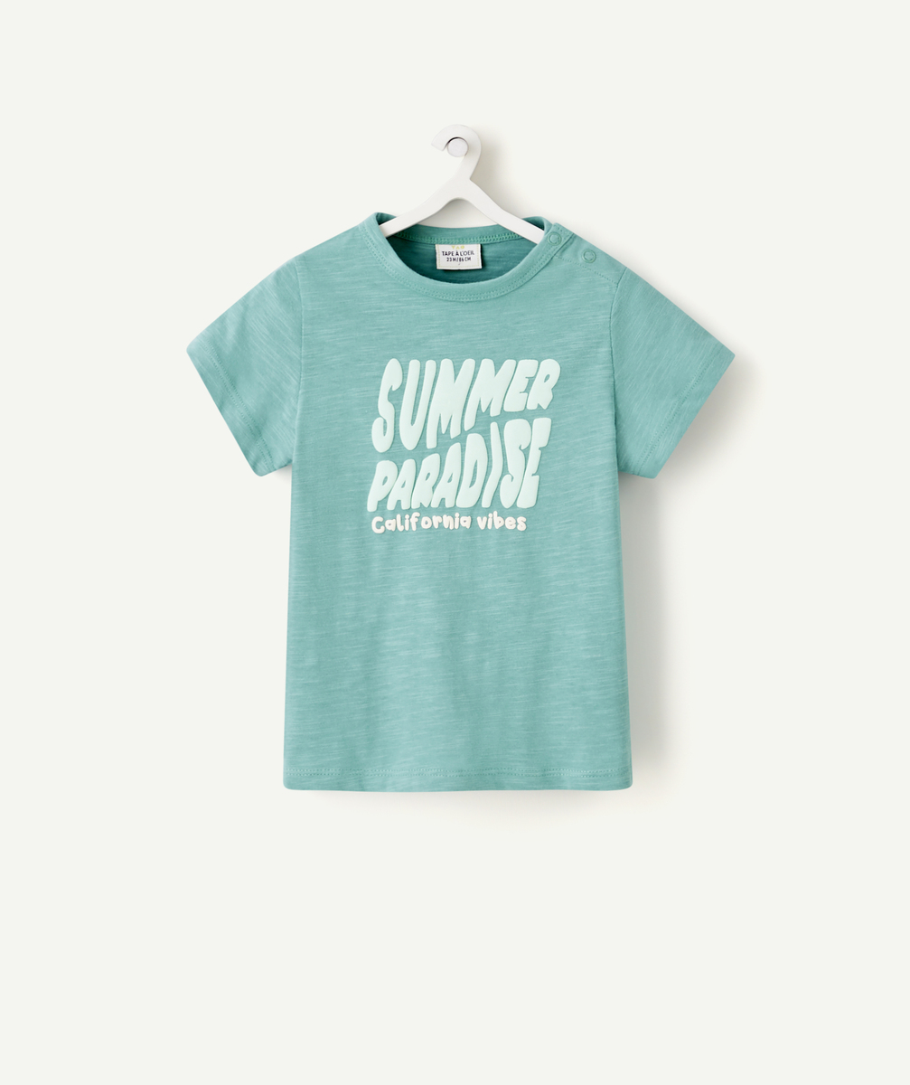 T-shirt bébé garçon vert en coton bio avec message en relief - 3 M