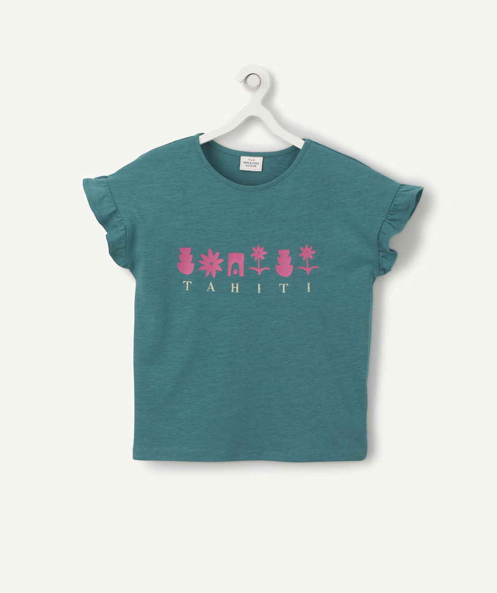 T-shirt fille vert tahiti en coton bio avec imprimé rose - 14 A