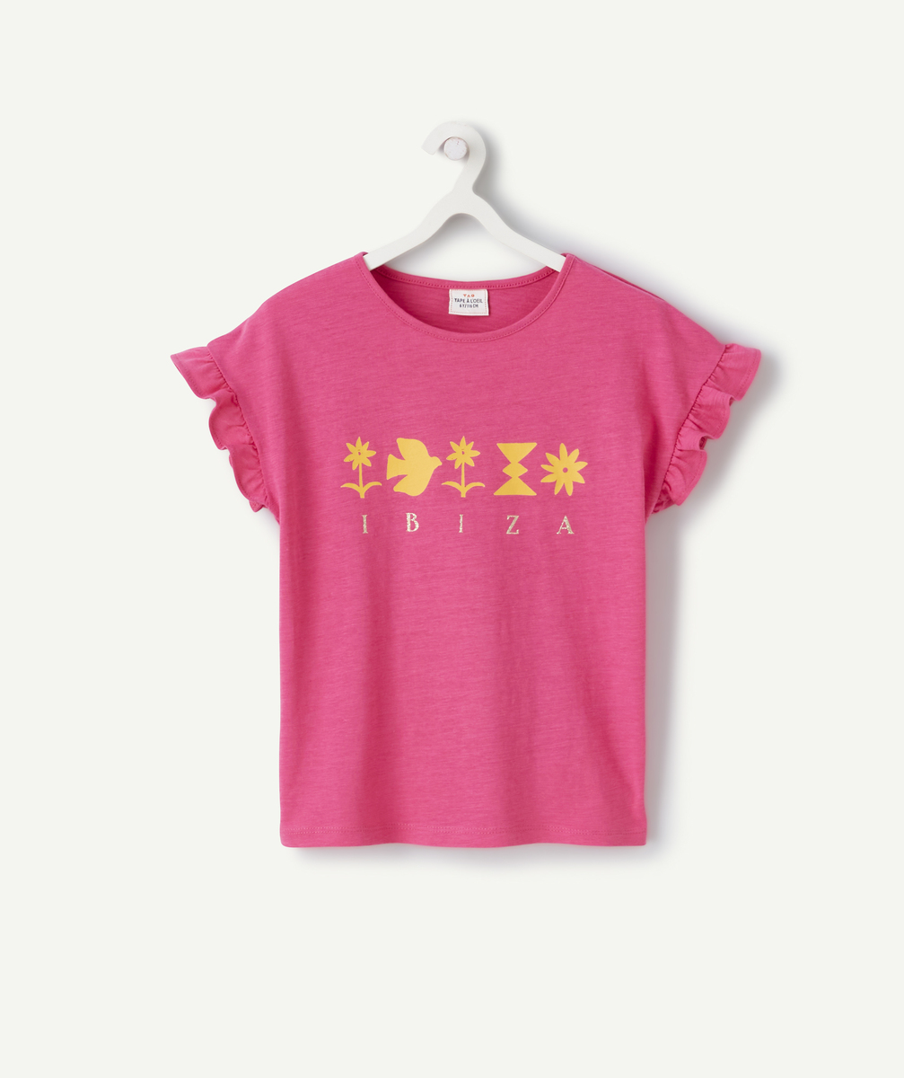 T-shirt fille rose ibiza en coton bio avec imprimé jaune - 12 A