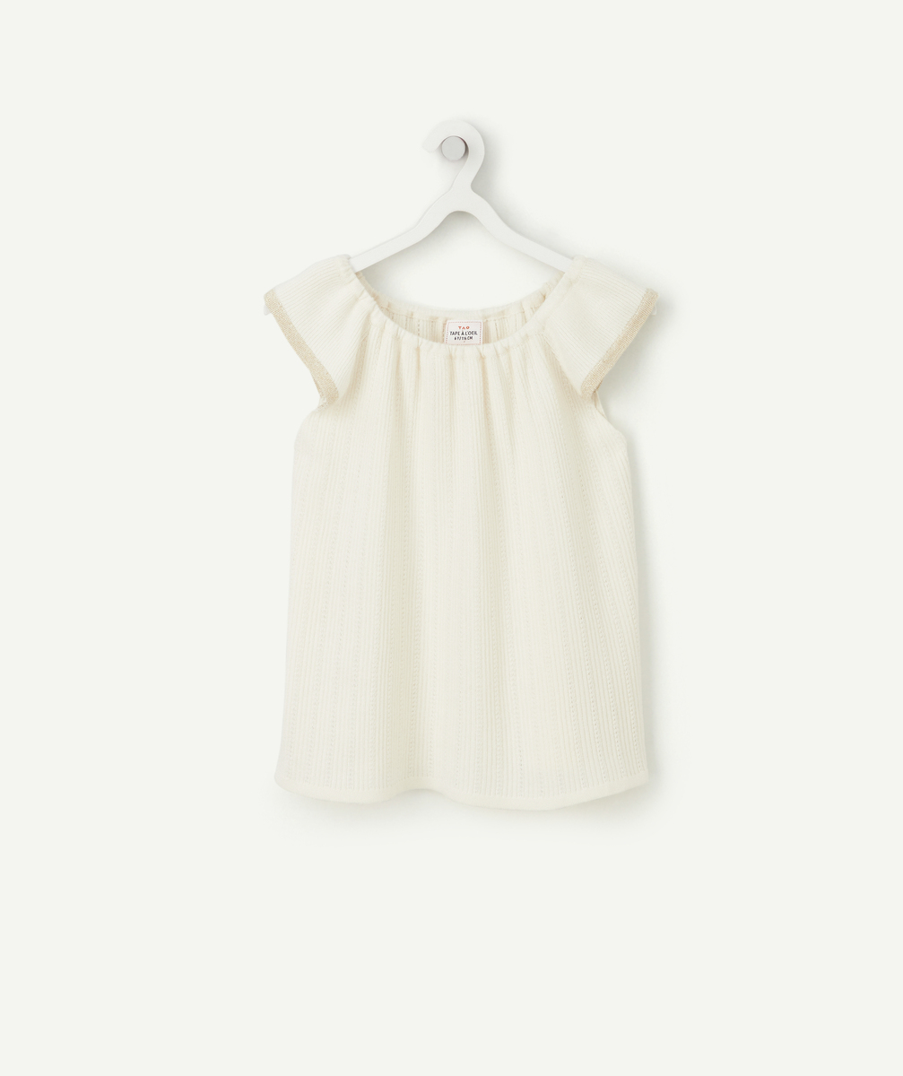 T-shirt fille en coton écru et côtelé à col bardot - 2 A