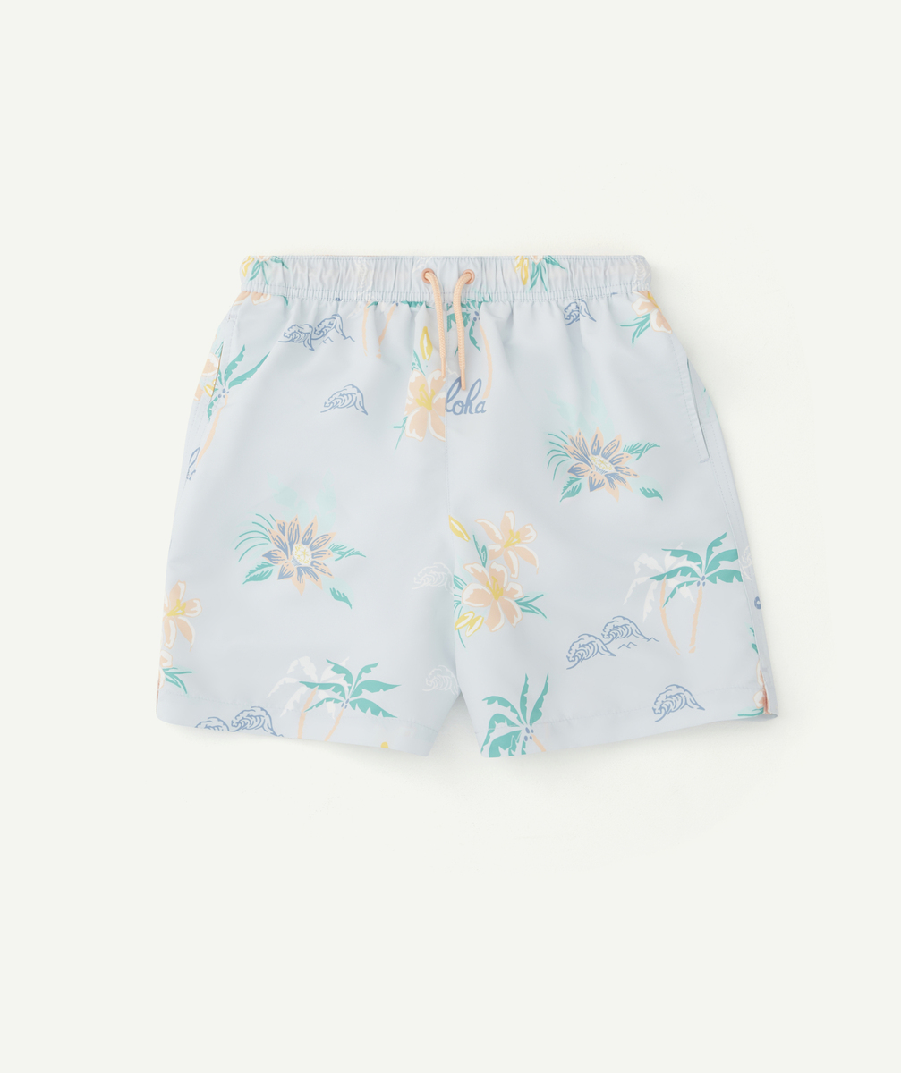 Short de bain garçon bleu ciel en fibres recyclées thème hawaïen - S