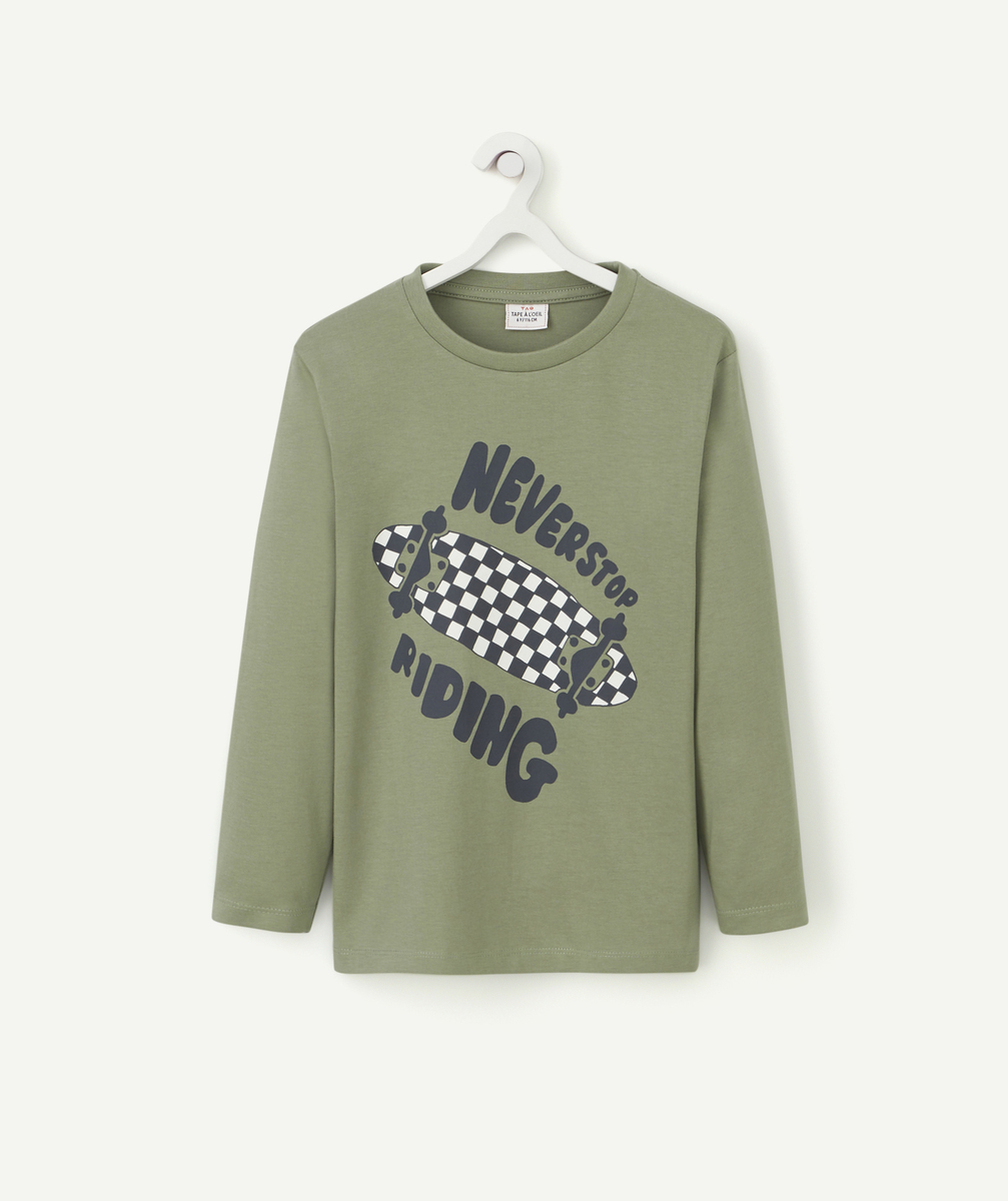 T-shirt garçon en coton bio kaki avec skate en damier - 14 A