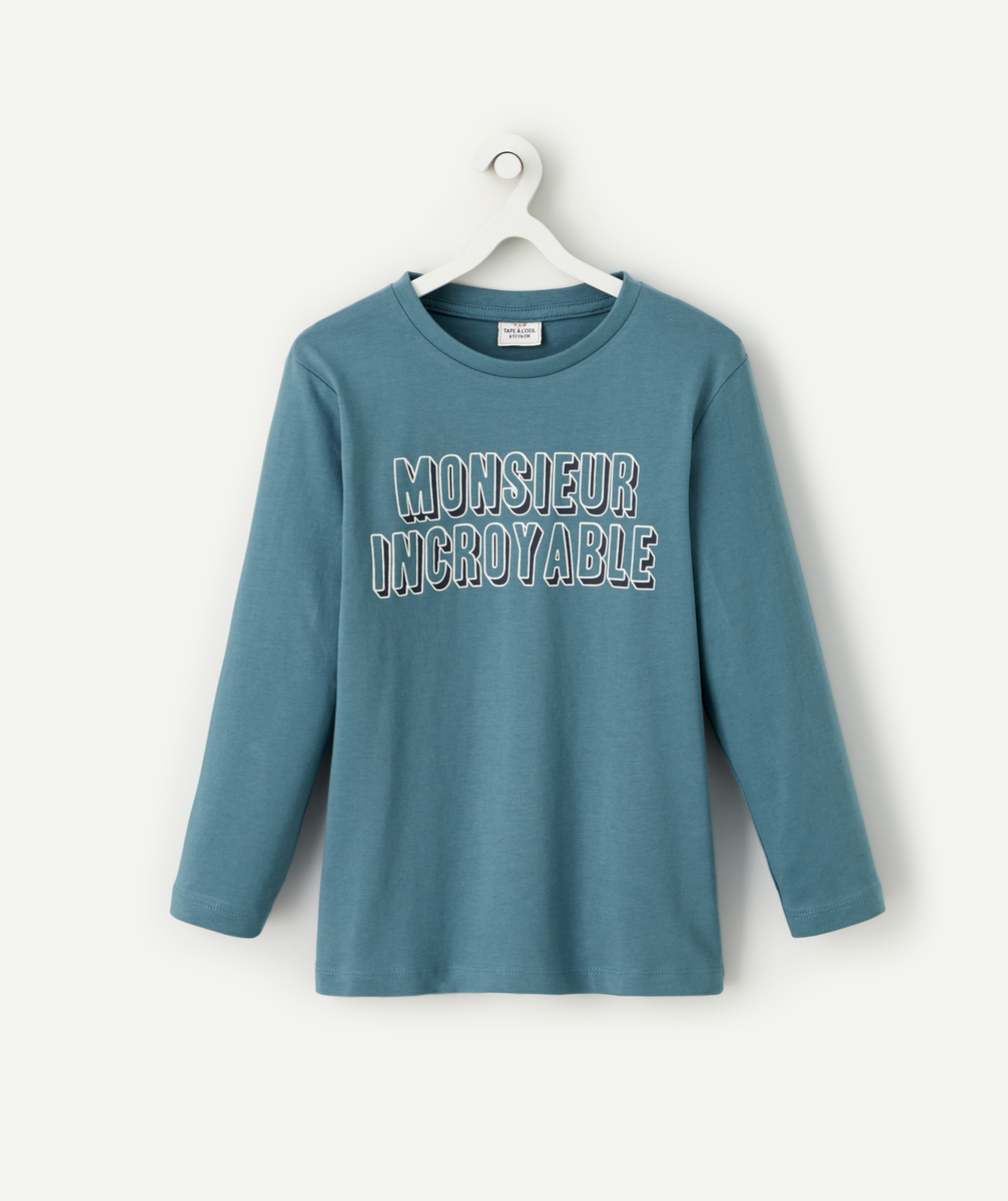 T-shirt garçon en coton bio bleu canard avec message - 10 A
