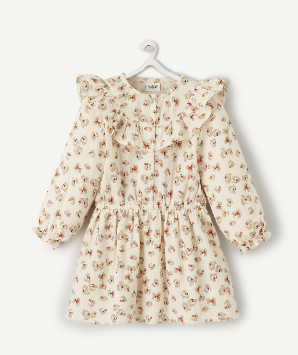 Robe bébé fille en coton beige imprimée fleurie avec volants - 6 M