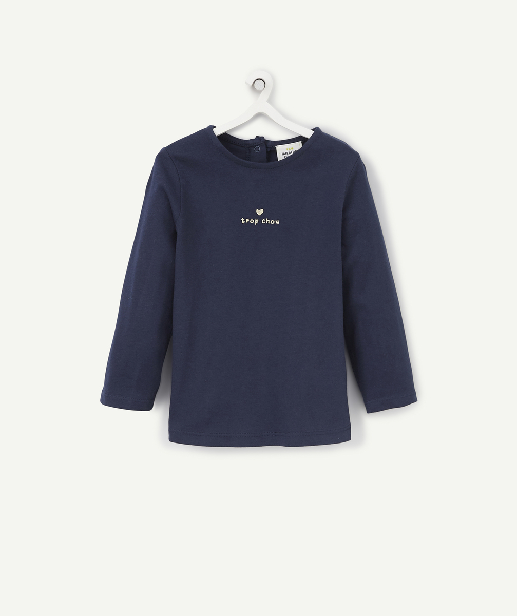 T-shirt bébé fille bleu marine avec message pailleté en coton bio - 12 M