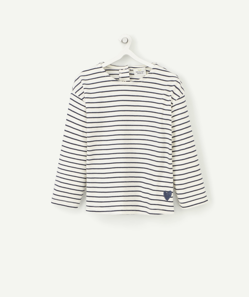 T-shirt bébé fille en coton bio marinière bleu avec coeur brodé - 6 M