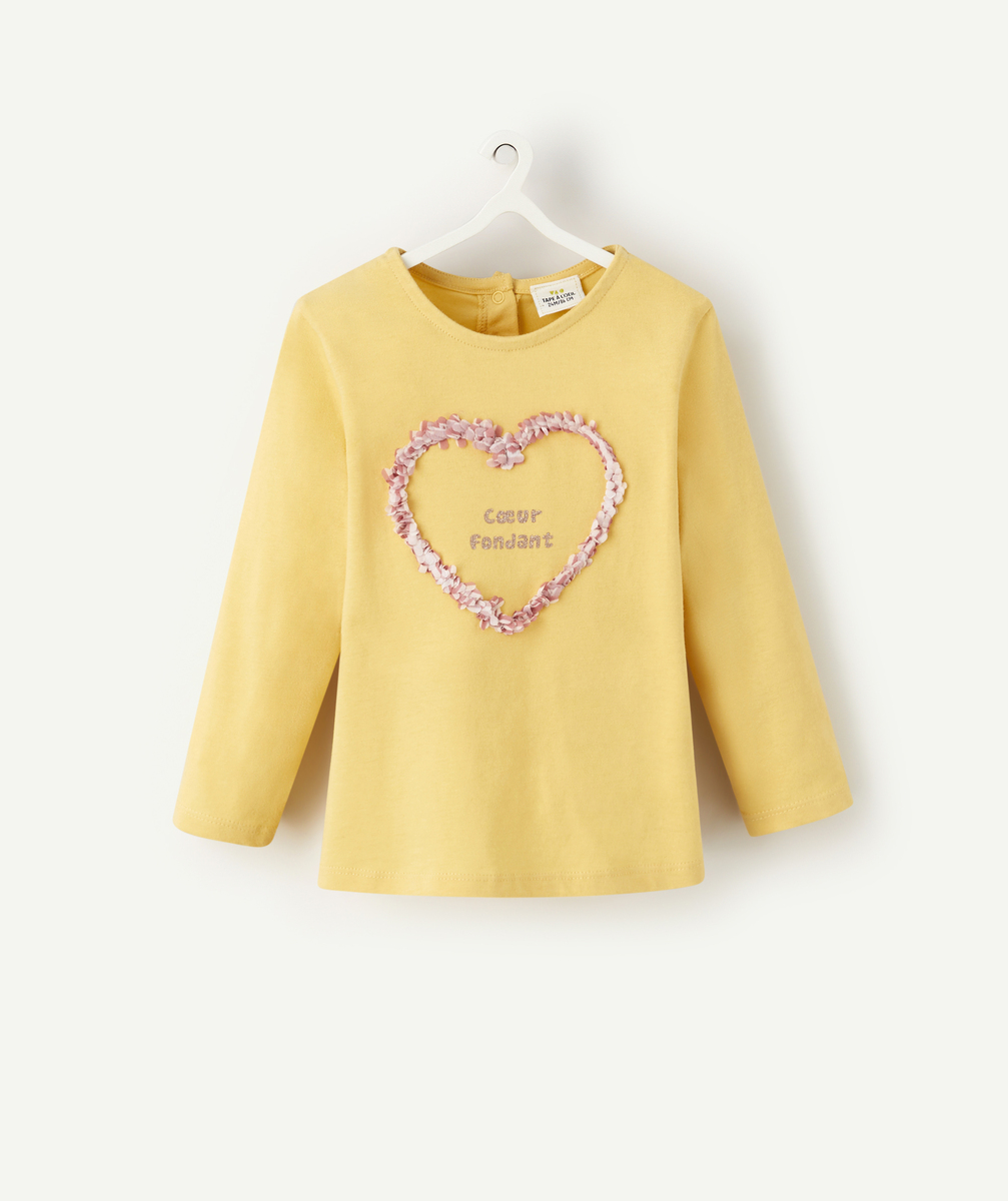 T-shirt bébé fille en coton bio jaune avec coeur en relief - 9 M