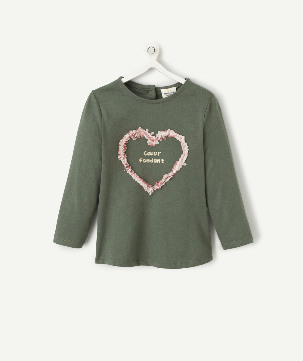 T-shirt bébé fille en coton bio vert avec coeur en relief et message - 12 M