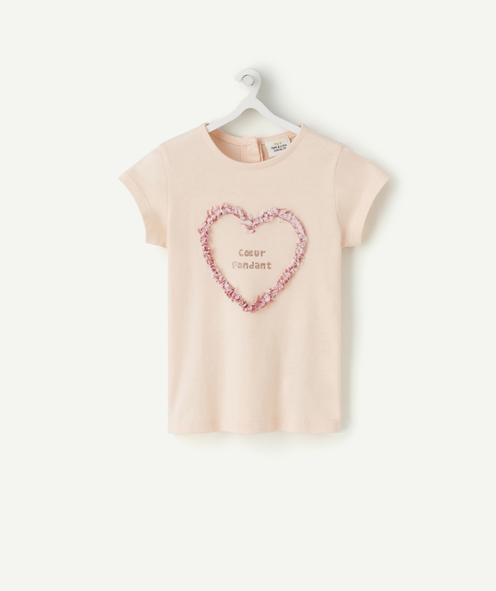 T-shirt bébé fille en coton bio rose pâle avec coeur - 9 M