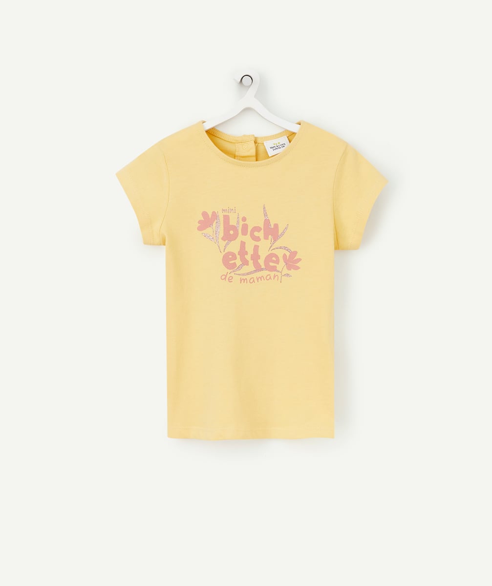 T-shirt bébé fille en coton bio jaune avec message rose - 3 M