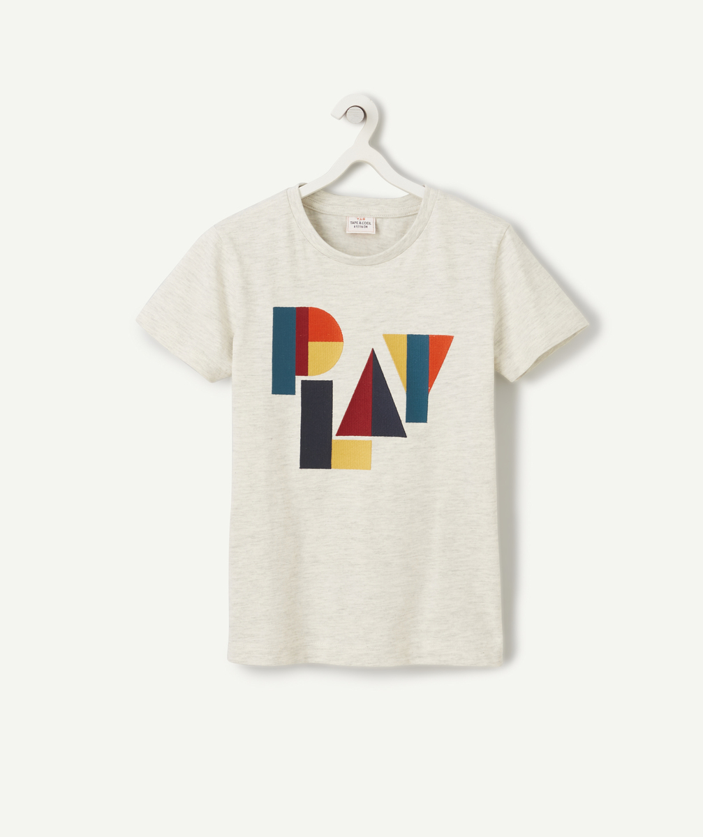 T-shirt garçon en coton bio gris chiné avec message géométrique - 5 A
