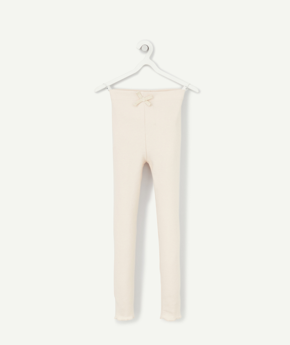 Legging côtelé fille en coton bio rose pâle avec noeud couleur dorée - 2-3 A