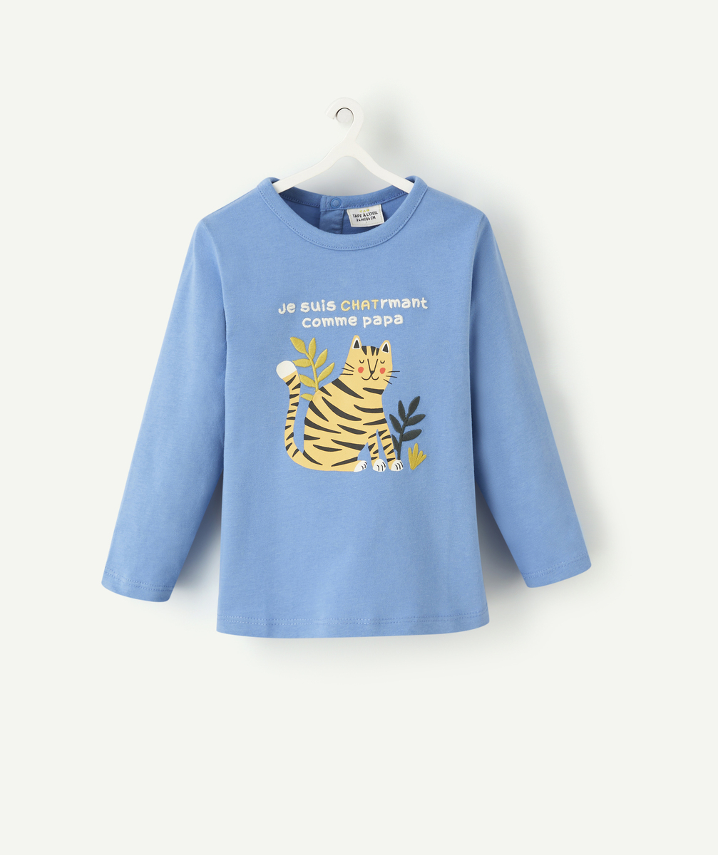 T-shirt bébé garçon en coton bio bleu et motif chat - 12 M