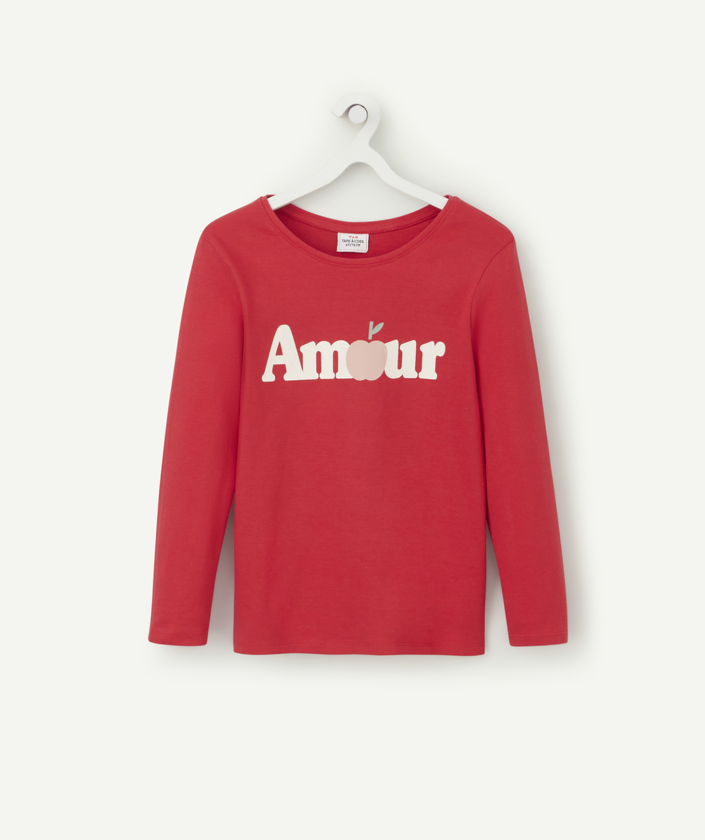 T-shirt fille en coton bio rouge avec message amour pailleté - 12 A
