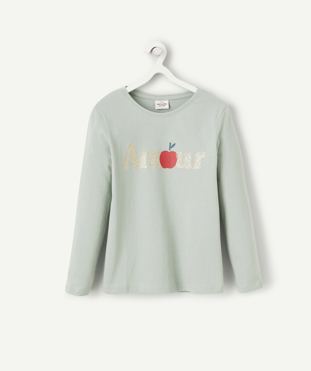 T-shirt fille en coton bio vert et message pailleté - 6 A