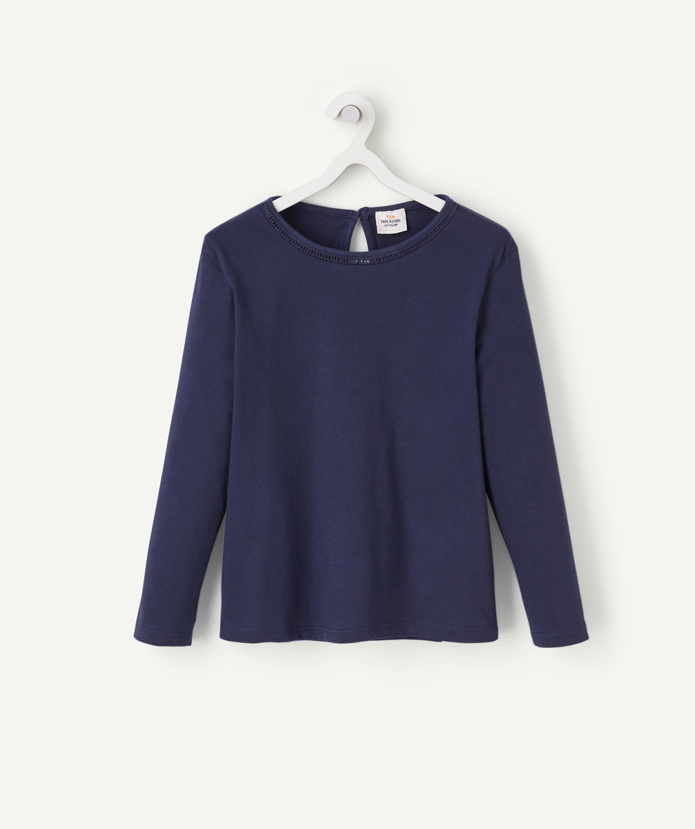 T-shirt fille en coton bio bleu marine avec détails ajourés - 12 A