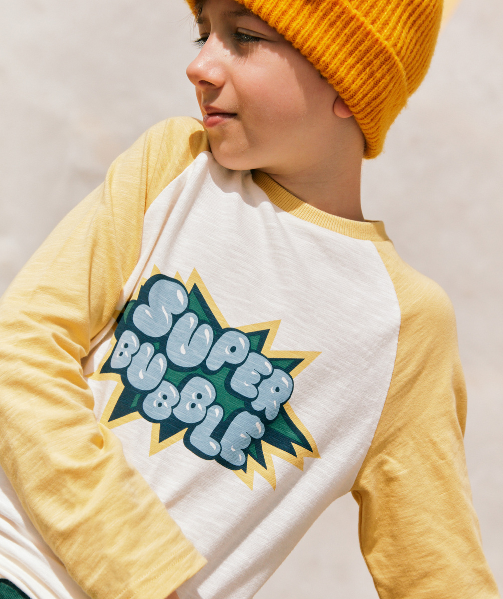 T-shirt garçon en coton bio jaune et blanc message super bubble - 5 A