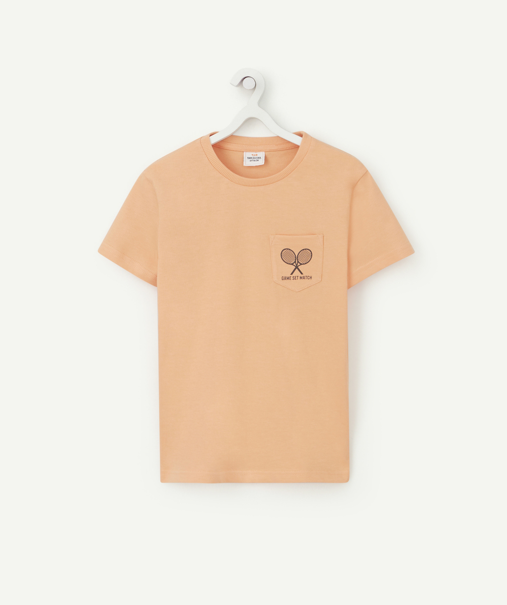 T-shirt garçon en coton bio orange avec poche et raquettes - 6 A