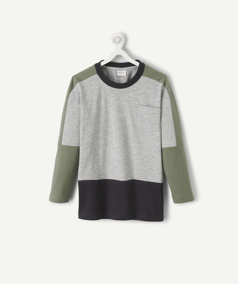 T-shirt garçon en coton bio colorblock gris et kaki avec poche - 6 A