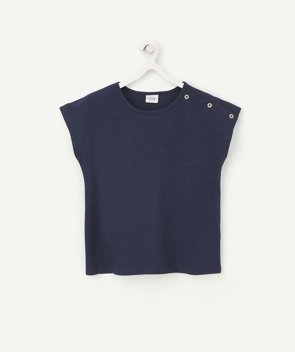 T-shirt fille bleu marine en coton bio avec boutons pailletés - 6 A