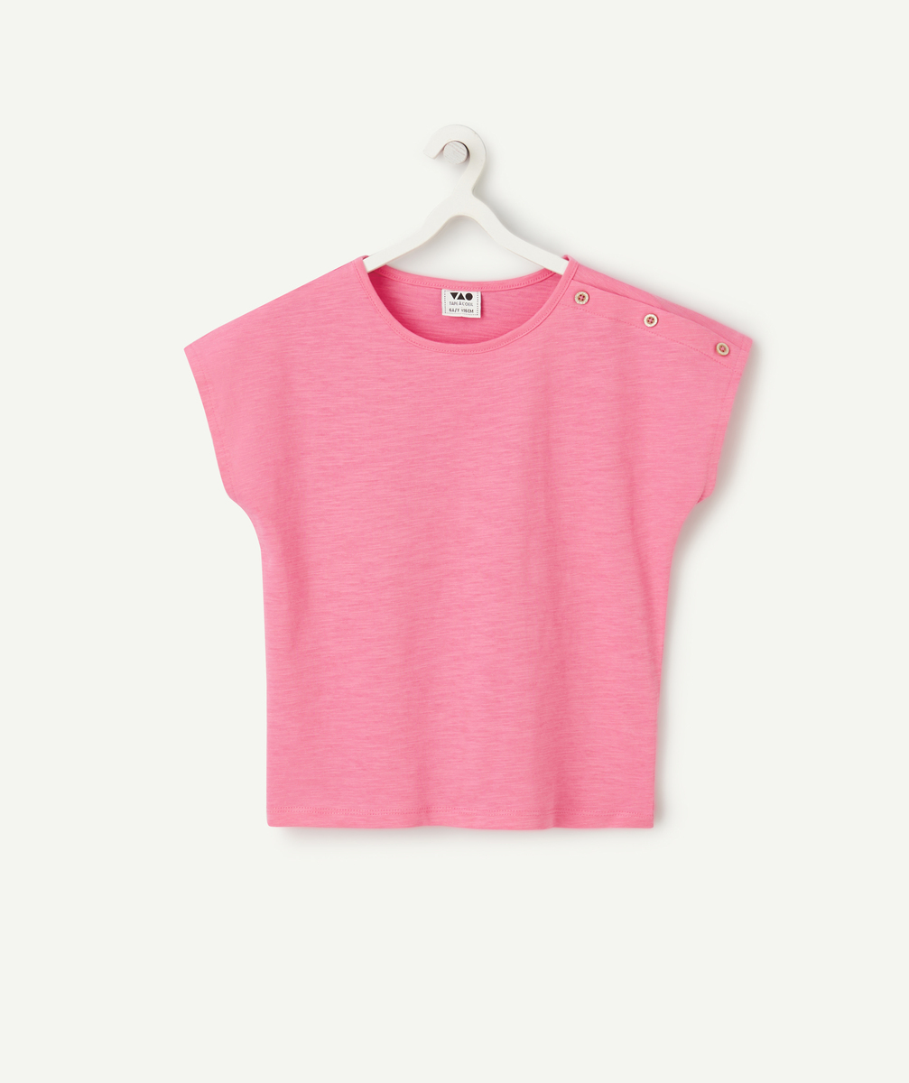 T-shirt manches courtes fille en coton bio rose avec boutons - 12 A