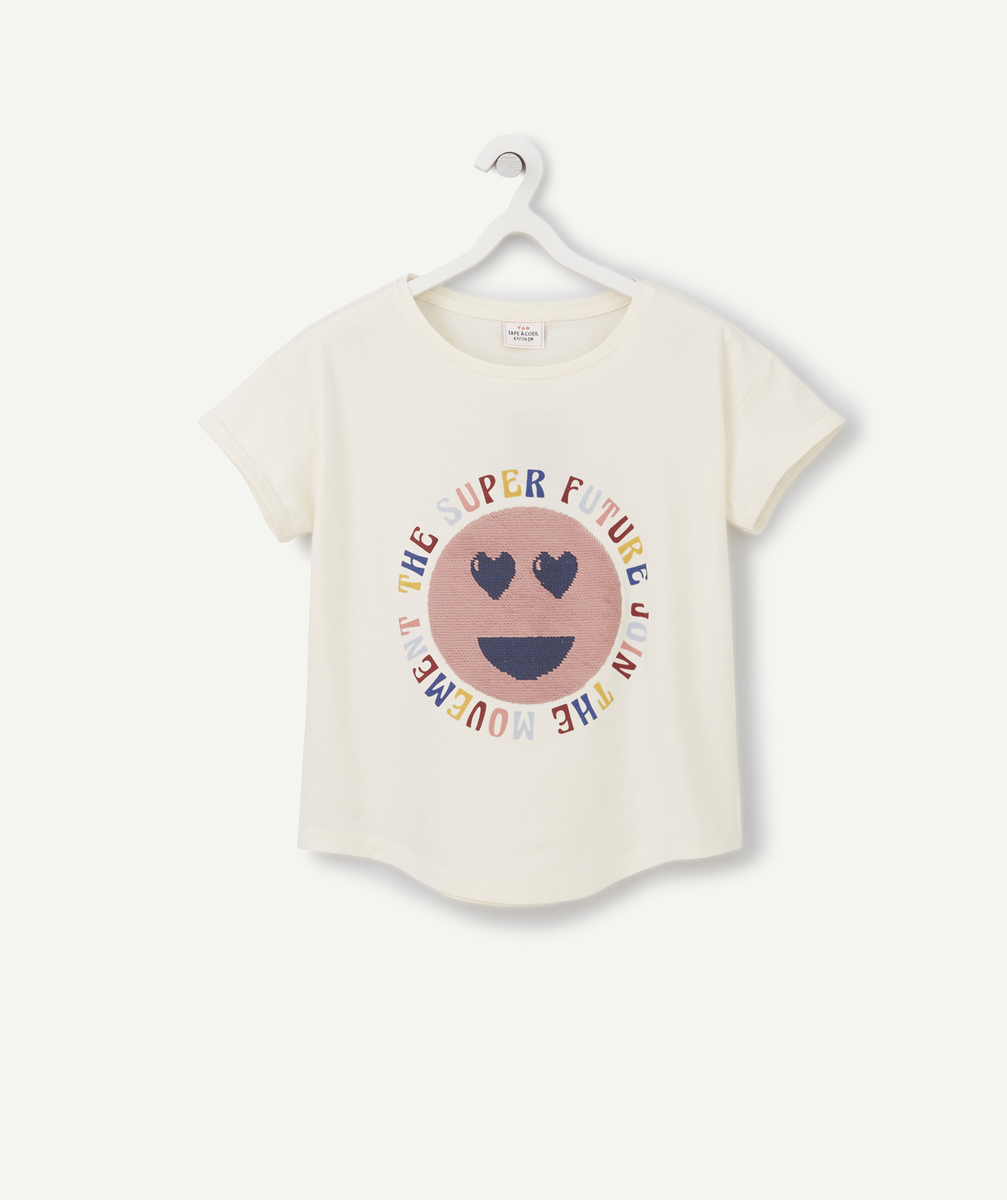 T-shirt fille en coton bio écru avec smiley en sequins et message - 14 A