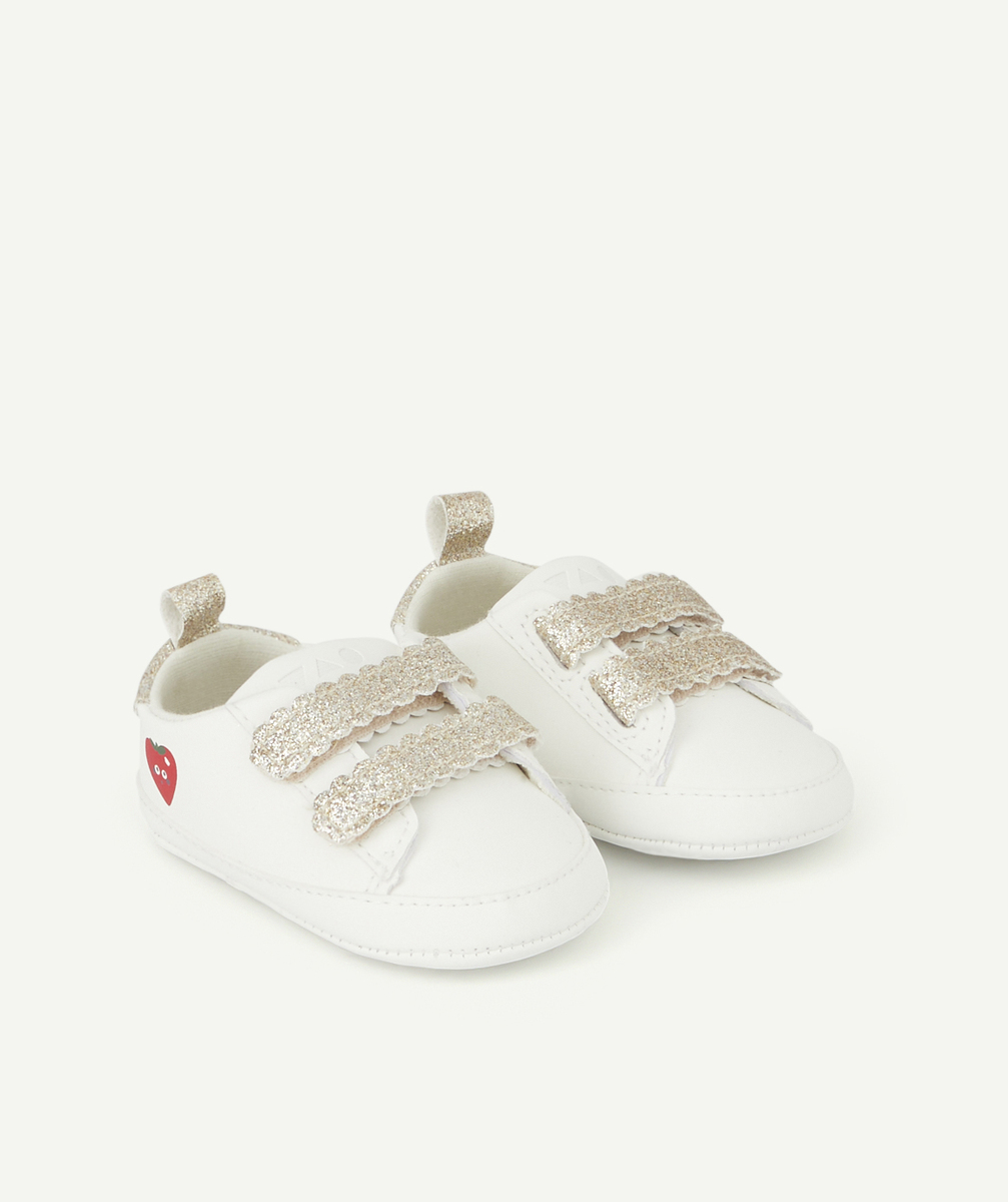 Chaussons style baskets bébé fille blanches avec fraise - 6-12 M