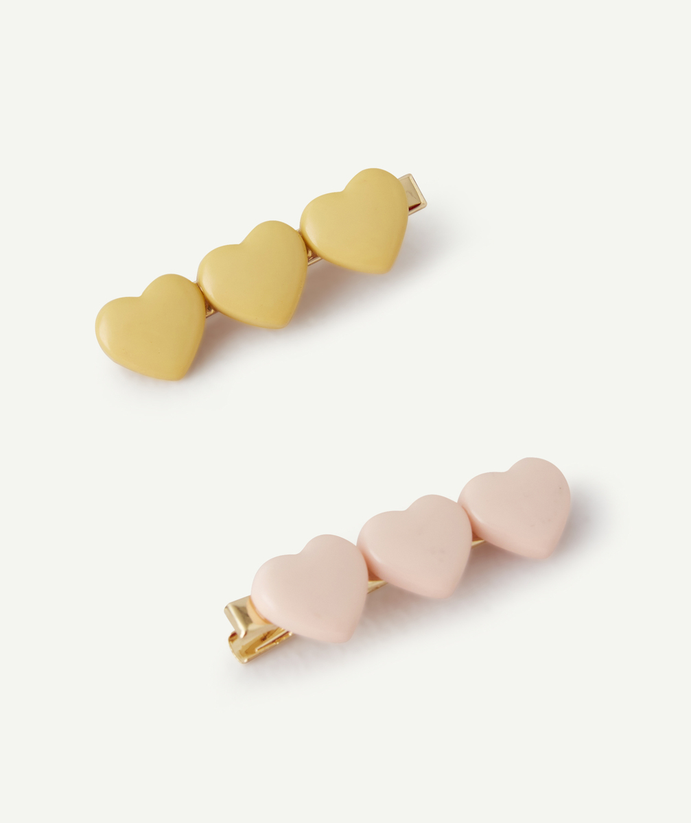Lot de 2 barrettes fille avec coeurs jaune et rose - TU