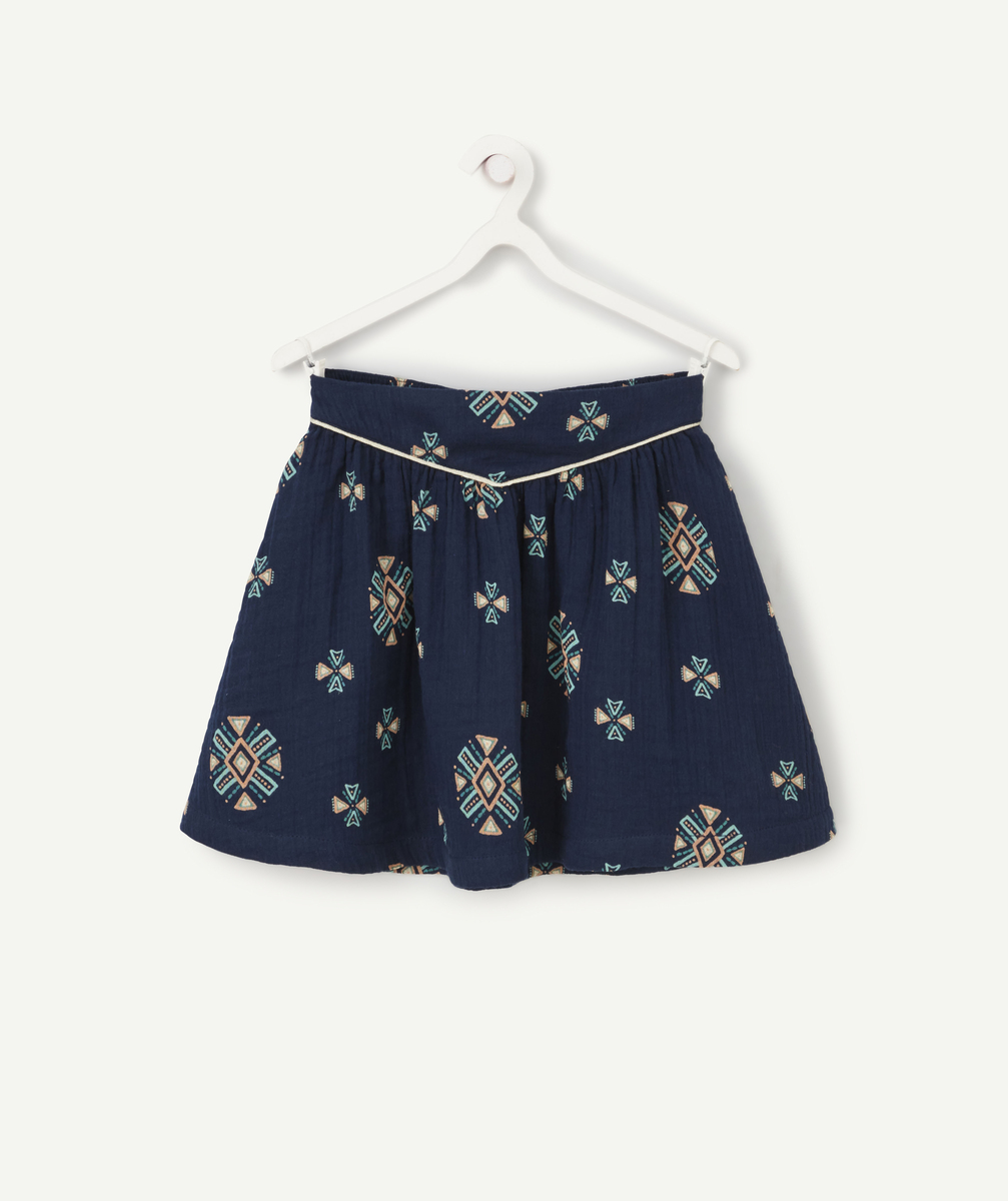 Jupe fille bleu marine en gaze de coton avec motifs - 8 A