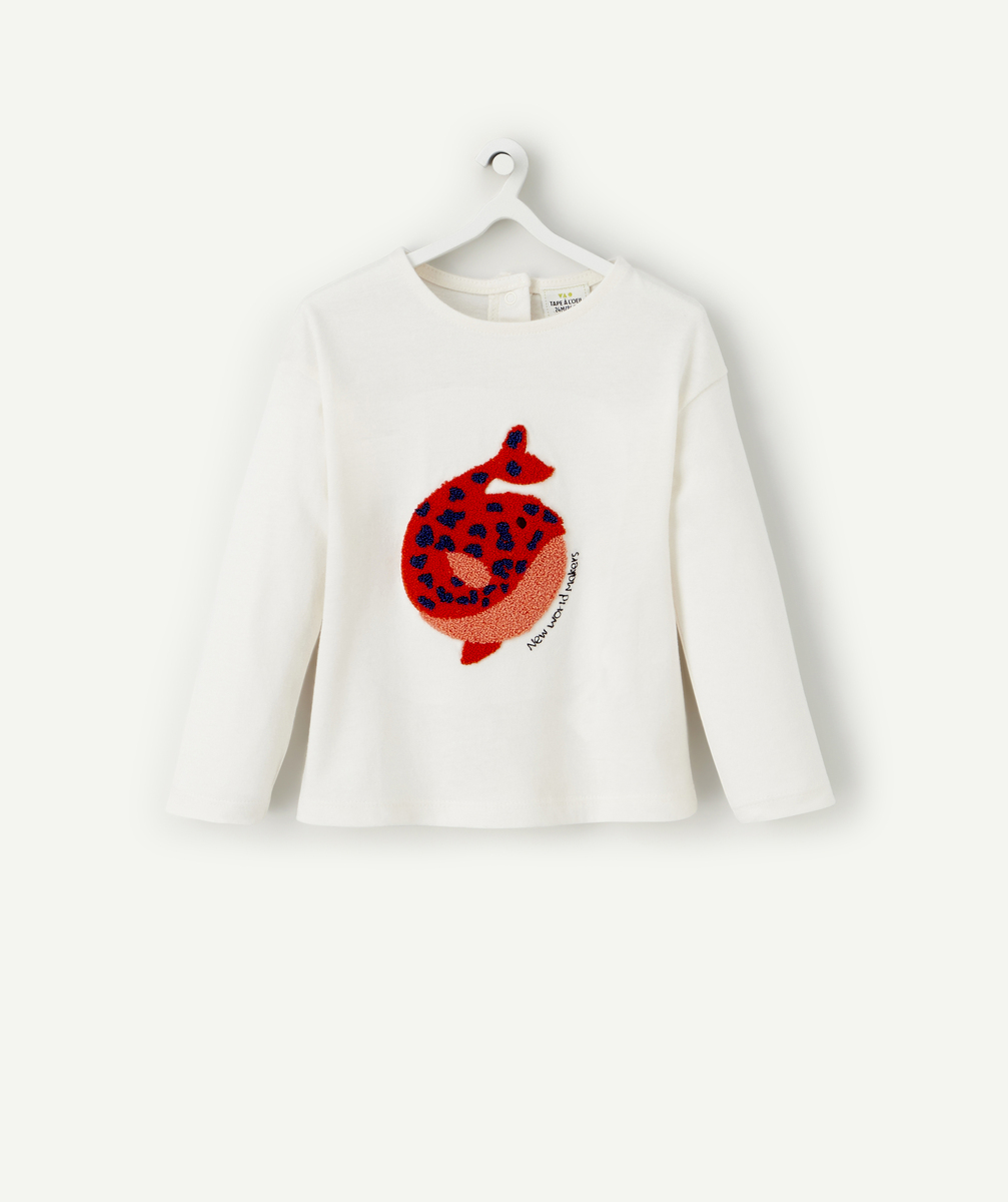 T-shirt bébé fille en coton bio écru avec baleine en bouclette - 9 M
