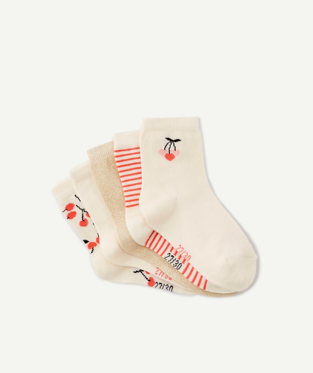 Lot de 5 chaussettes hautes fille écru et rose avec cerises - 24-26