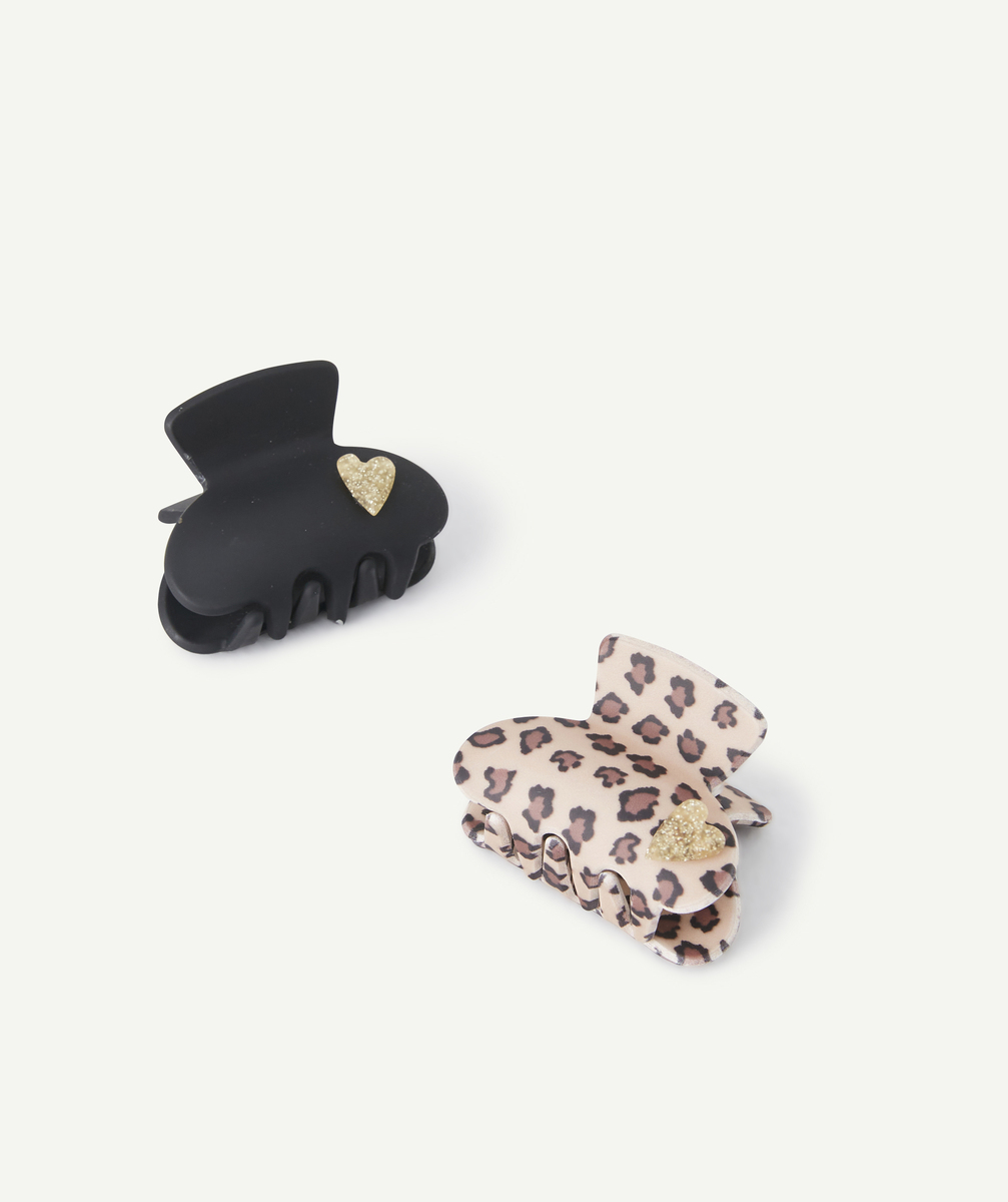Lot de 2 barrettes fille noir et léopard avec coeurs pailletés - TU