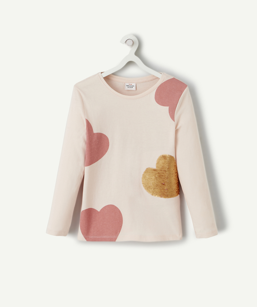 T-shirt fille en coton bio rose avec coeurs et sequins - 12 A