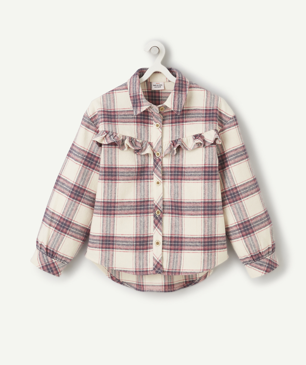 Chemise à carreaux fille écru et rose aux manches oversize - 10 A