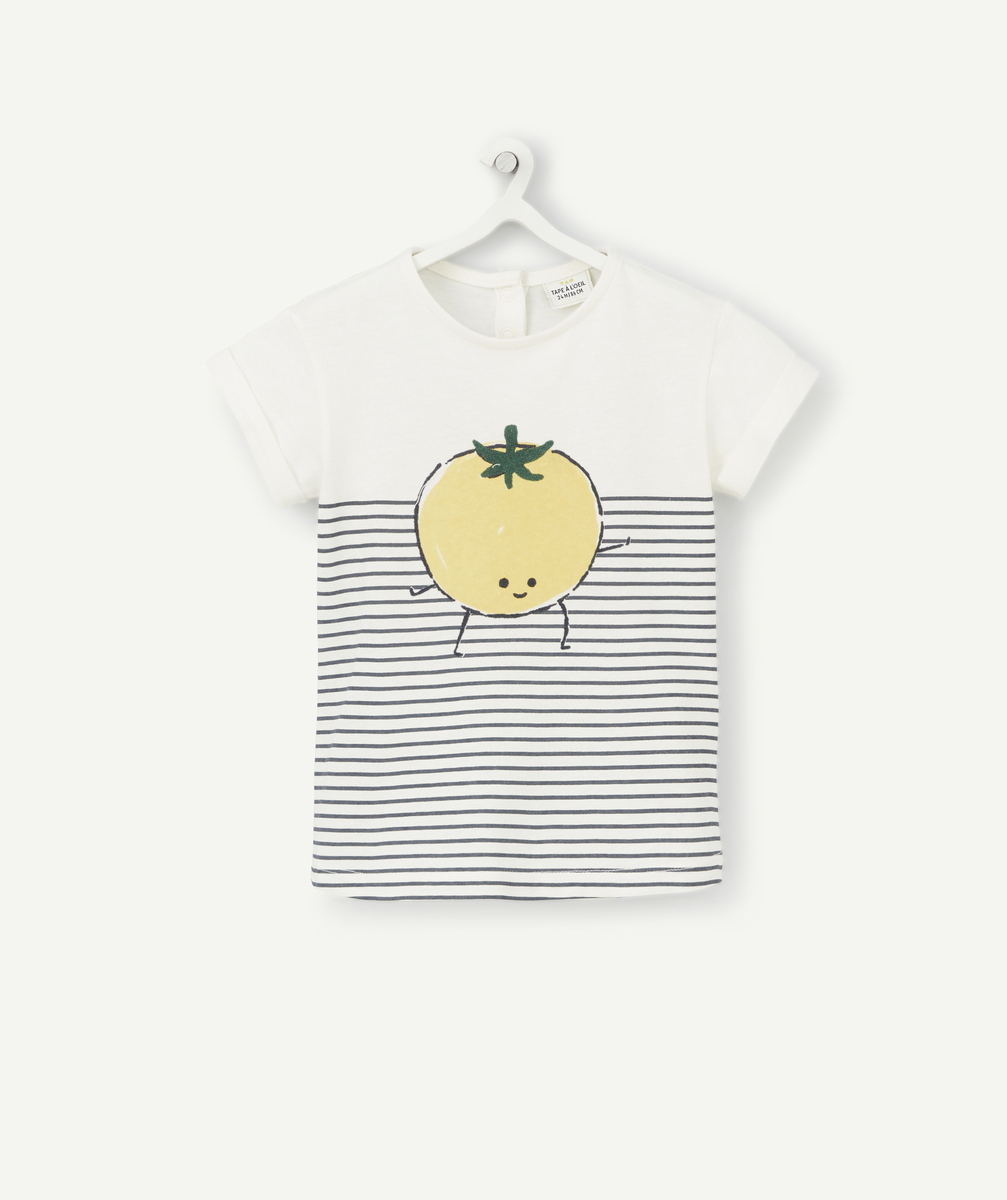 T-shirt bébé fille en coton bio écru rayé et tomate jaune - 6 M