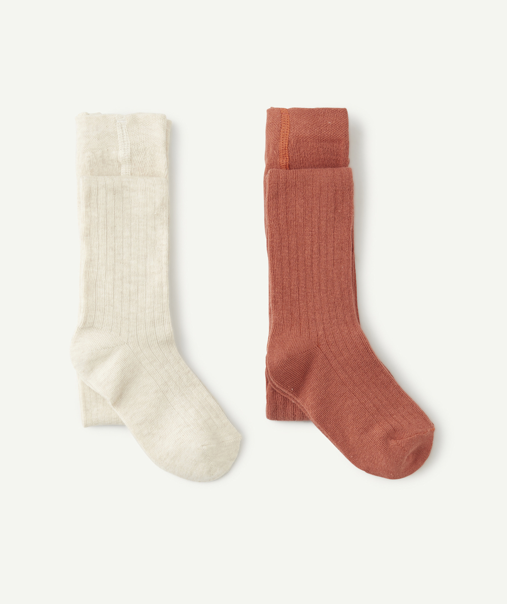 Lot de 2 collants fille en tricot côtelé écru et terracota - 31-34