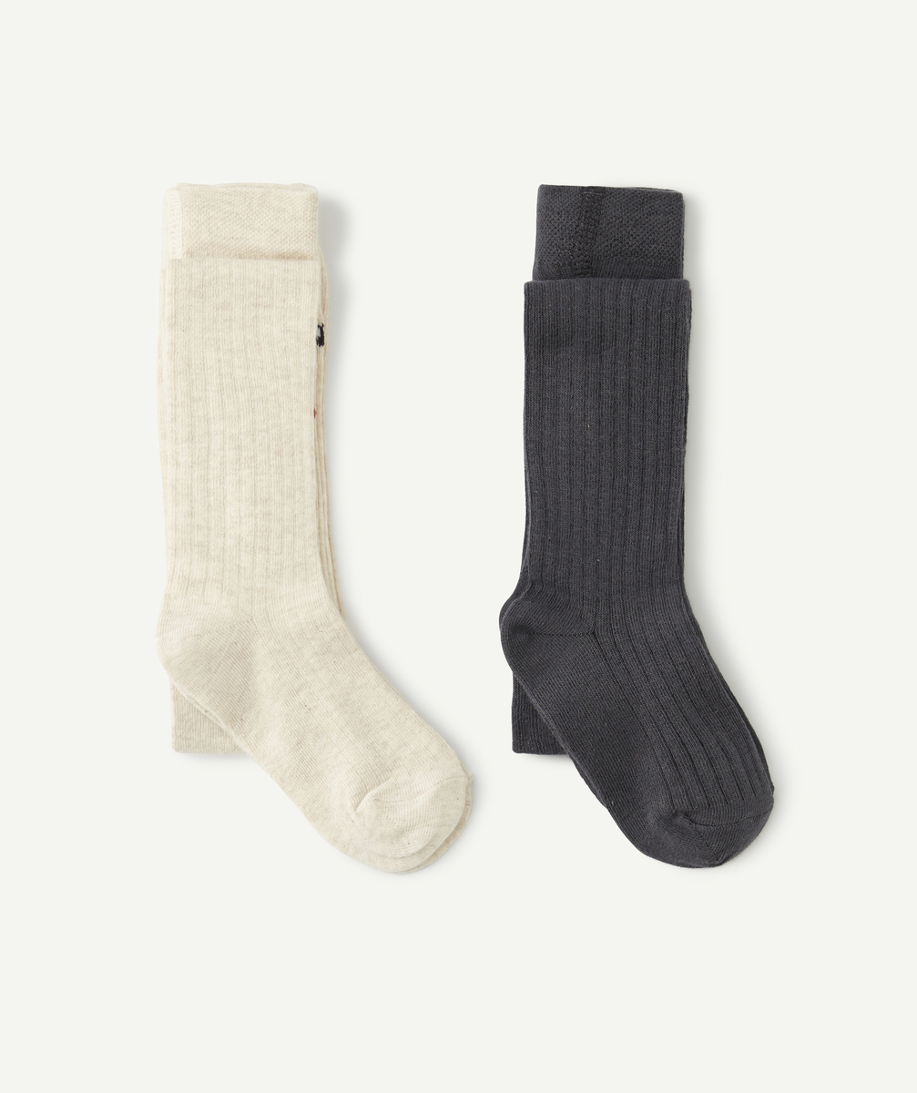 Collants tricot fille côtelés écru et gris foncé - 27-30