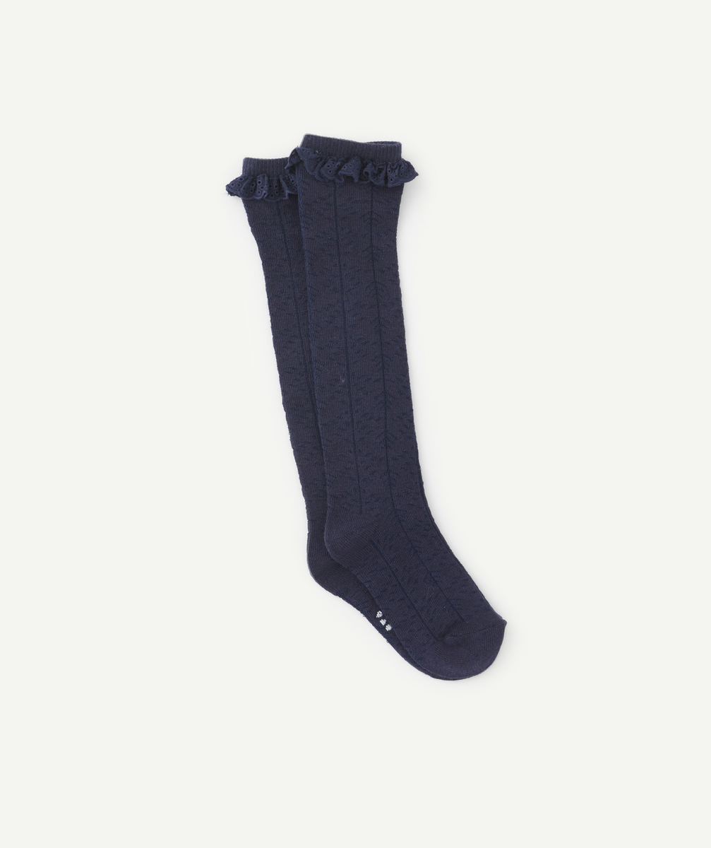 Chaussettes hautes fille bleu marine avec broderie - 35-37