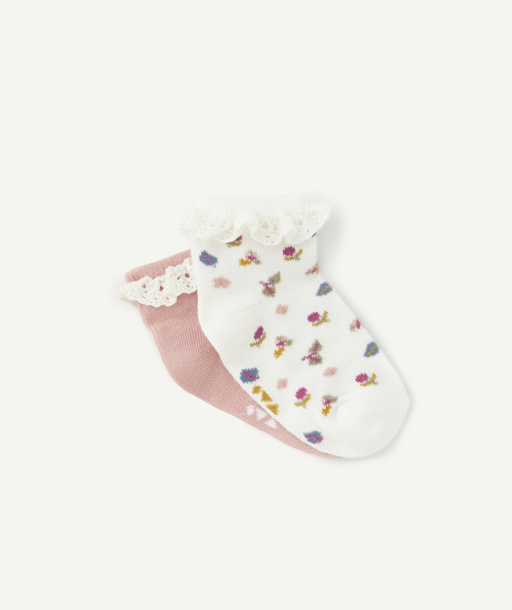 Lot de 2 socquettes bébé fille rose et fleuri avec volants brodés - 18-20