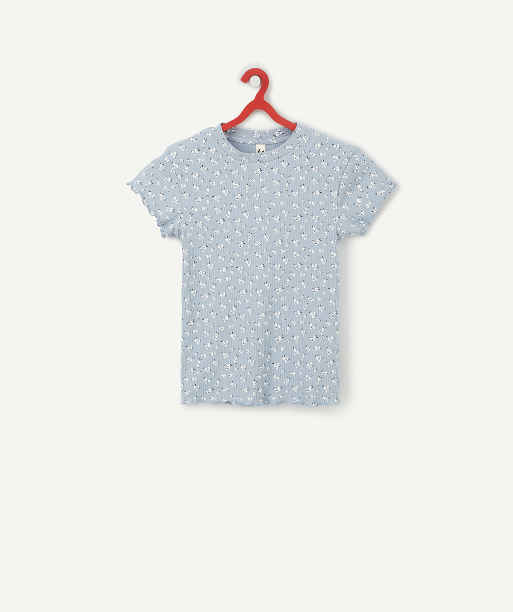 T-shirt fille en coton bio bleu côtelé imprimé fleuri - M