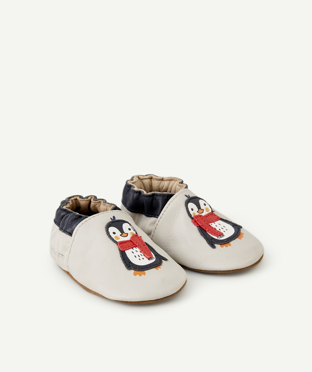 chaussons bébé en cuir gris avec pingouin - 0-6 m