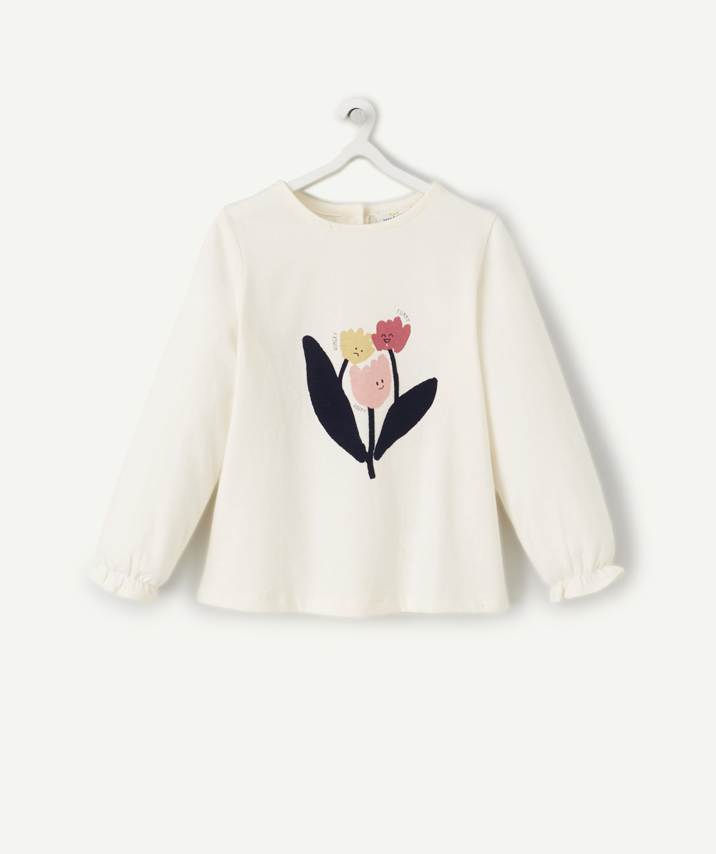 T-shirt bébé fille en coton bio écru avec fleurs - 6 M